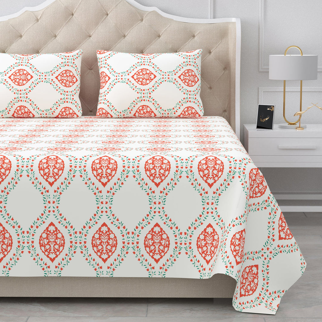 Bella Casa Fashion & Retail Ltd BEDSHEET 90 X 108 Inch / Orange & Off White / Cotton Double King Size Bedsheet Set Cotton with 2 Pillow Covers Motifs Design Orange & Off White Colour - Heritage Collection
