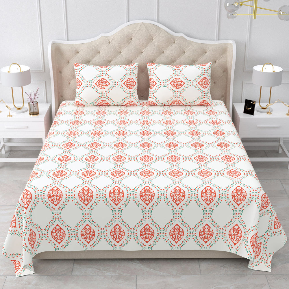 Bella Casa Fashion & Retail Ltd BEDSHEET 90 X 108 Inch / Orange & Off White / Cotton Double King Size Bedsheet Set Cotton with 2 Pillow Covers Motifs Design Orange & Off White Colour - Heritage Collection