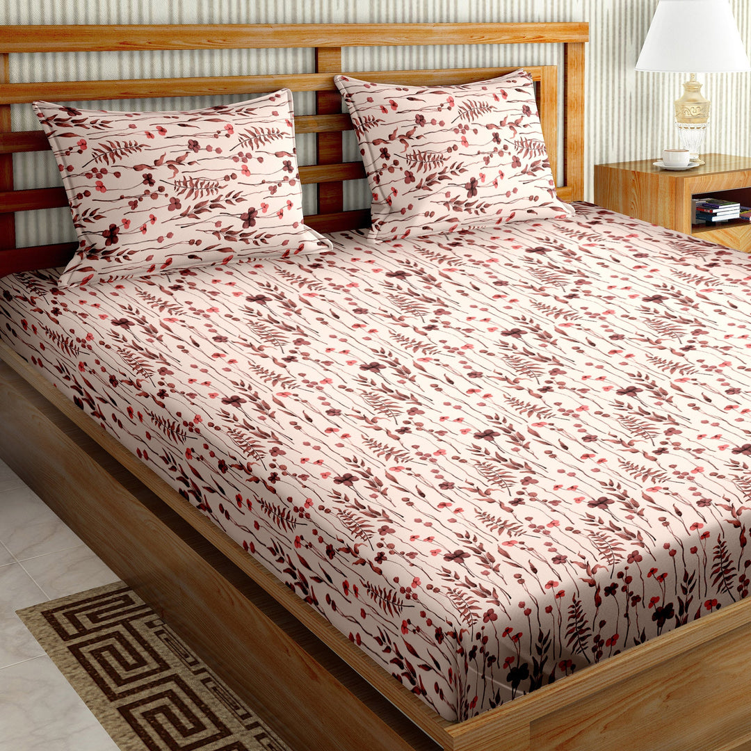 Double Bedsheet Set Cotton King Size with 2 Pillow Covers Floral Design Peach & Brown Colour - Stella Collection