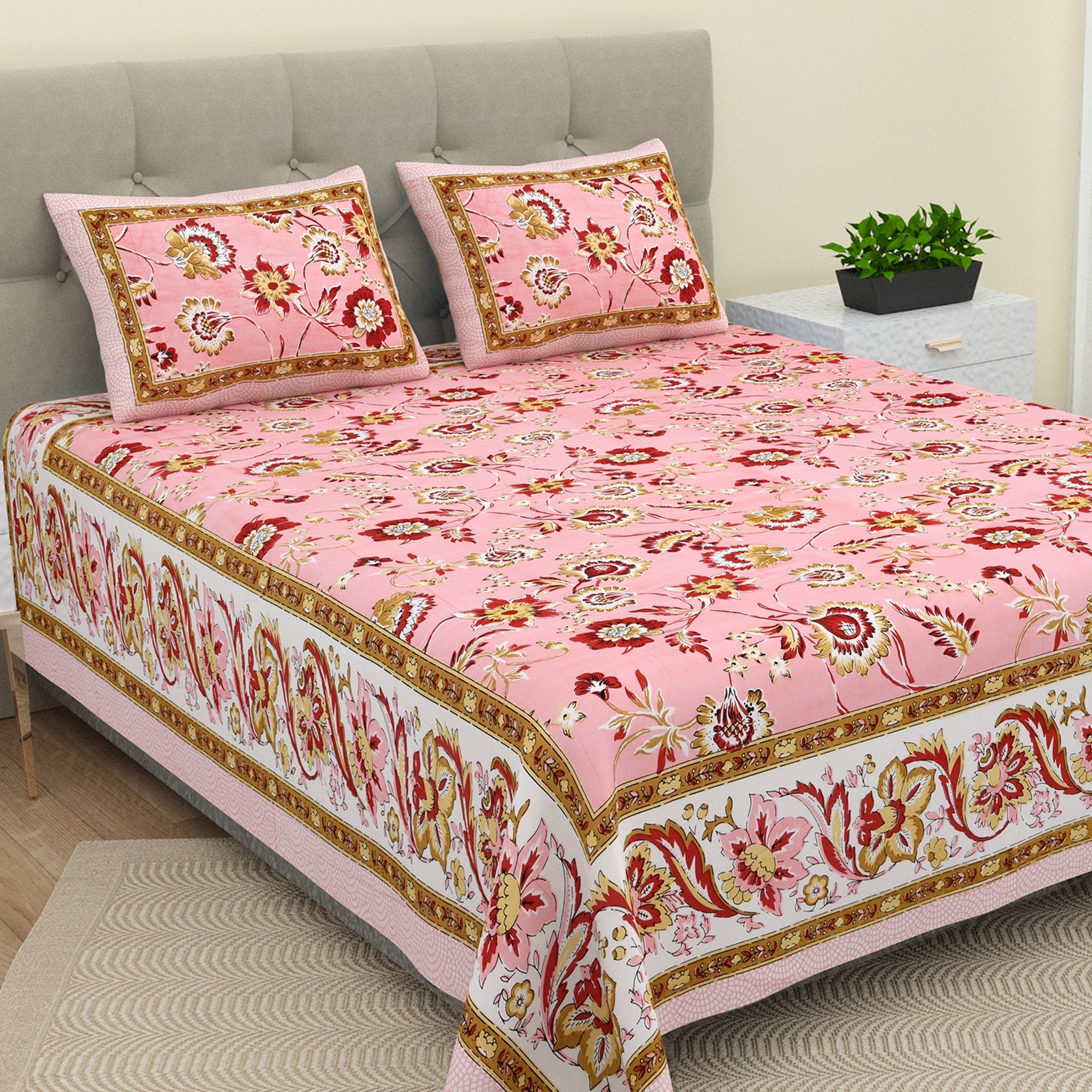 Double King Size Bedsheet Set Cotton With 2 Pillow Covers Floral Desig ...