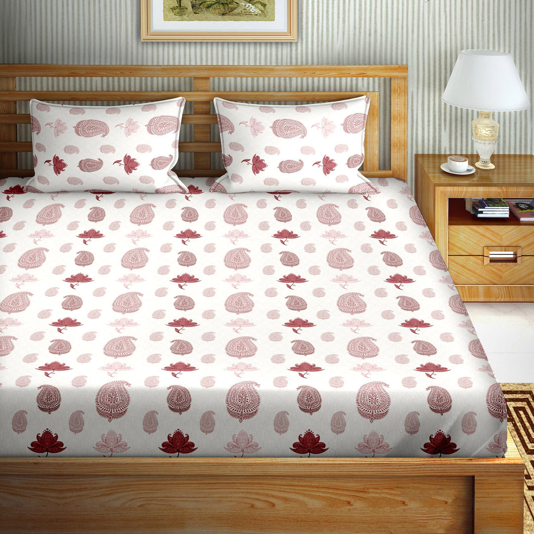 Double Bedsheet Set Cotton King Size with 2 Pillow Covers Floral Design Red Colour - Stella Collection