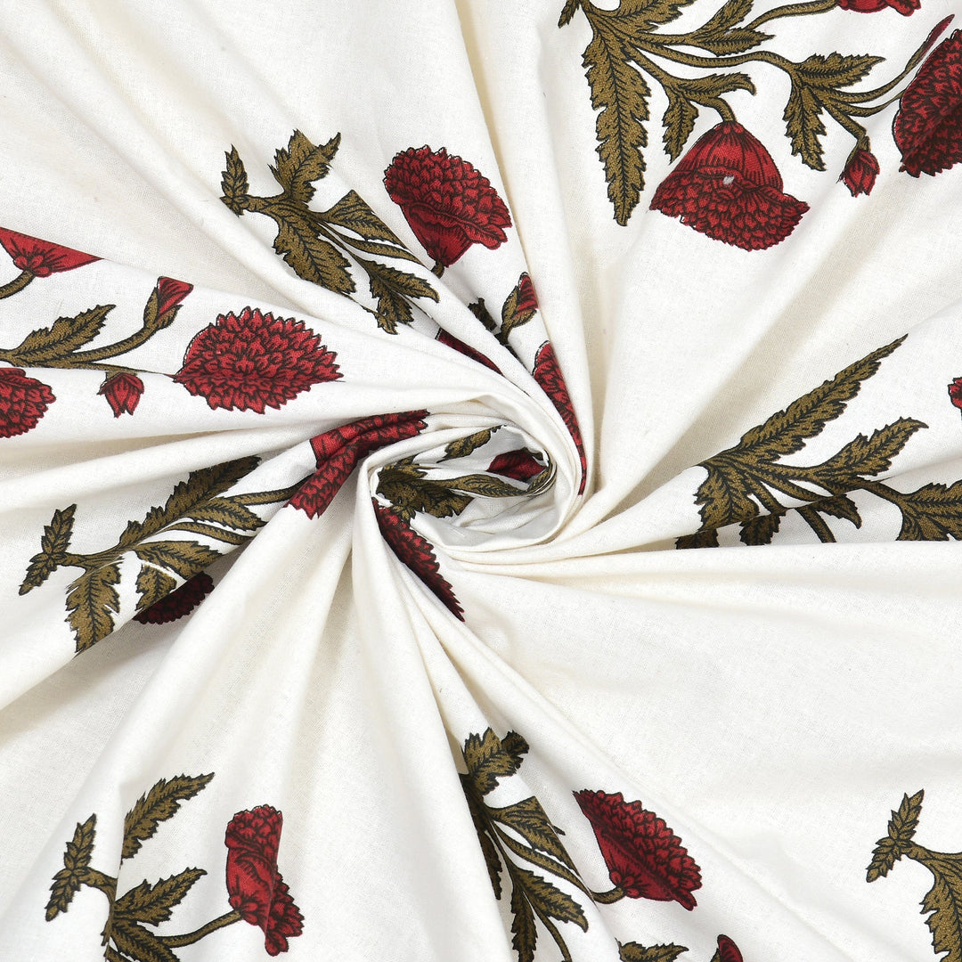Bella Casa Fashion & Retail Ltd BEDSHEET 90 X 108 Inch / Red & Off White / Cotton Double King Size Bedsheet Set Cotton with 2 Pillow Covers Motifs Design Red & Off White Colour - Heritage Collection