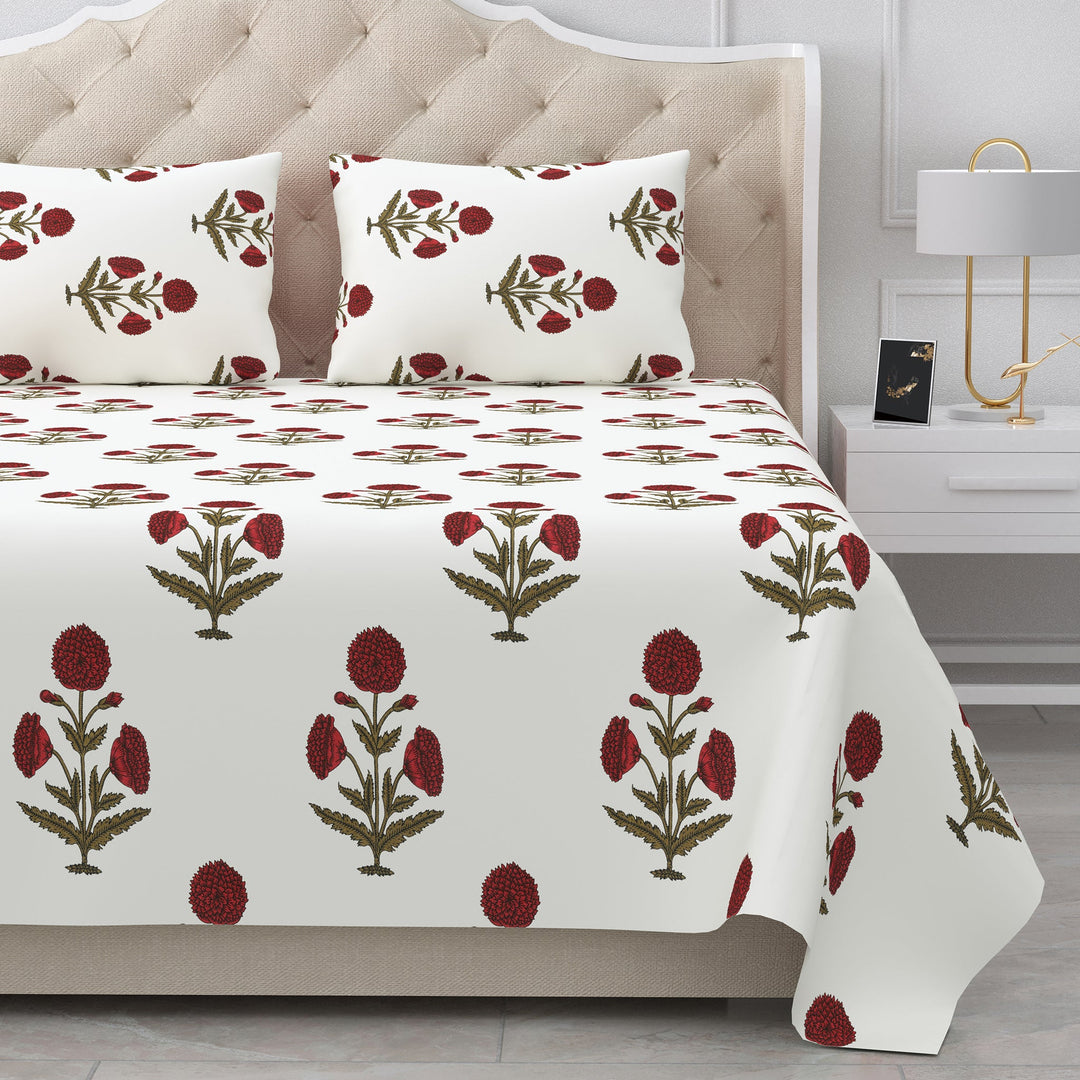 Bella Casa Fashion & Retail Ltd BEDSHEET 90 X 108 Inch / Red & Off White / Cotton Double King Size Bedsheet Set Cotton with 2 Pillow Covers Motifs Design Red & Off White Colour - Heritage Collection