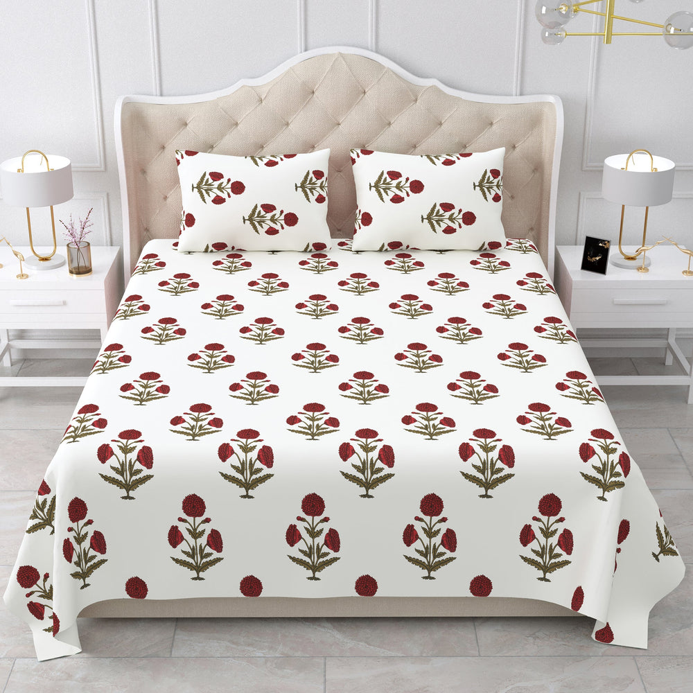 Bella Casa Fashion & Retail Ltd BEDSHEET 90 X 108 Inch / Red & Off White / Cotton Double King Size Bedsheet Set Cotton with 2 Pillow Covers Motifs Design Red & Off White Colour - Heritage Collection