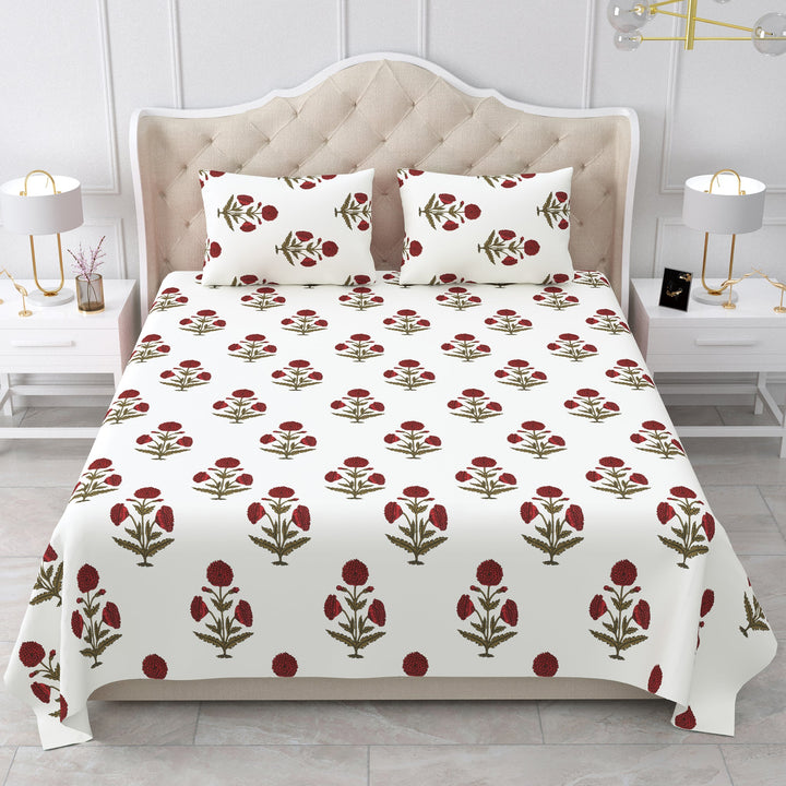 Bella Casa Fashion & Retail Ltd BEDSHEET 90 X 108 Inch / Red & Off White / Cotton Double King Size Bedsheet Set Cotton with 2 Pillow Covers Motifs Design Red & Off White Colour - Heritage Collection
