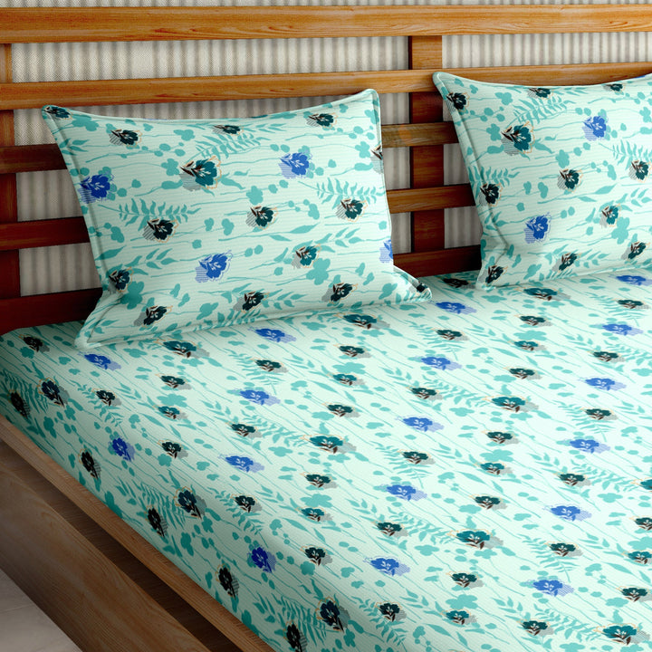 Double Bedsheet Set Cotton King Size with 2 Pillow Covers Floral Design Teal & Blue Colour - Stella Collection