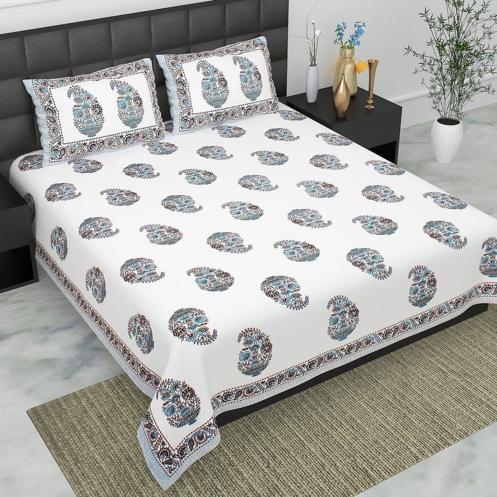 Bella Casa Fashion & Retail Ltd BEDSHEET 90 X 108 Inch / Teal & Grey / Cotton Bella Casa Double King Size Bedsheet Set Cotton with 2 Pillow Covers Floral Design Teal & Grey Colour - Ethnic Collection