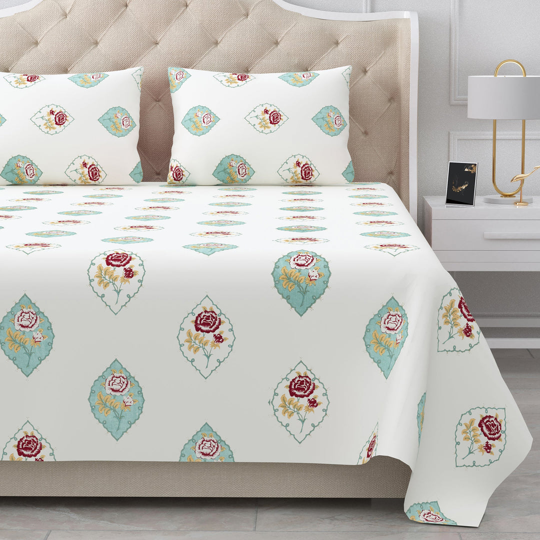 Bella Casa Fashion & Retail Ltd BEDSHEET 90 X 108 Inch / Teal & Off White / Cotton Double King Size Bedsheet Set Cotton with 2 Pillow Covers Motifs Design Teal & Off White Colour - Heritage Collection