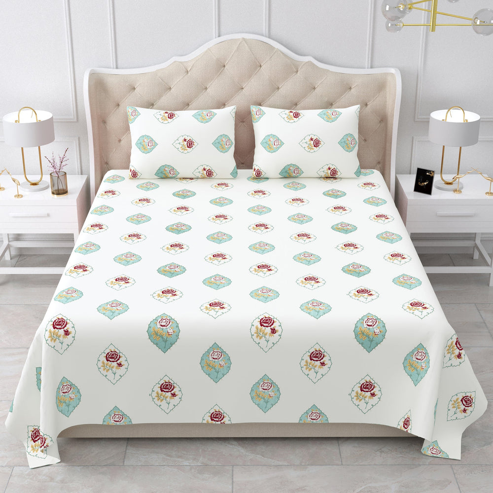 Bella Casa Fashion & Retail Ltd BEDSHEET 90 X 108 Inch / Teal & Off White / Cotton Double King Size Bedsheet Set Cotton with 2 Pillow Covers Motifs Design Teal & Off White Colour - Heritage Collection