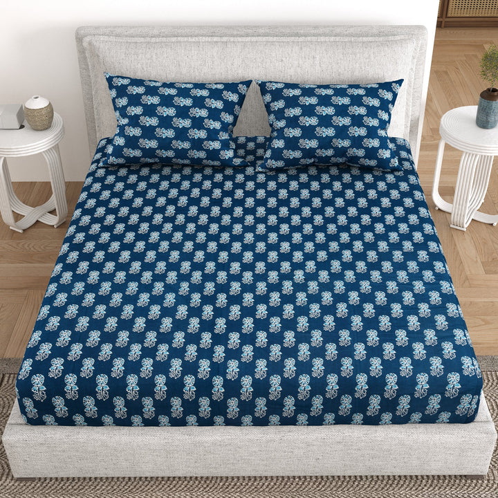 Bella Casa Fashion & Retail Ltd  BEDSHEET 93 X 108 Inch / Blue / Cotton Double Bedsheet Cotton Fabric King Size with 2 Pillow Covers Printed Design Blue Colour - Indus Collection