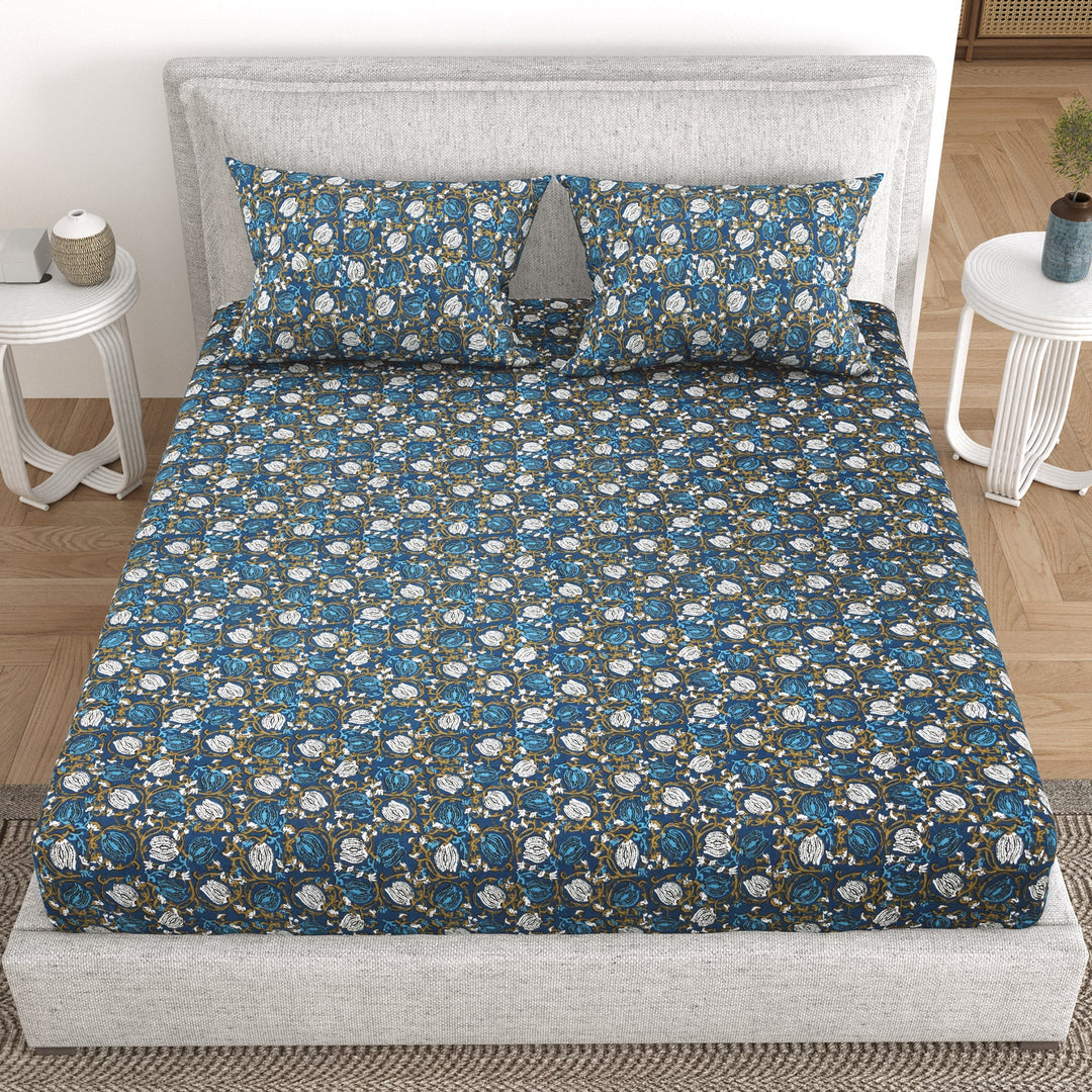 Bella Casa Fashion & Retail Ltd  BEDSHEET 93 X 108 Inch / Blue / Cotton Double Bedsheet Cotton Fabric King Size with 2 Pillow Covers Printed Design Blue Colour - Indus Collection