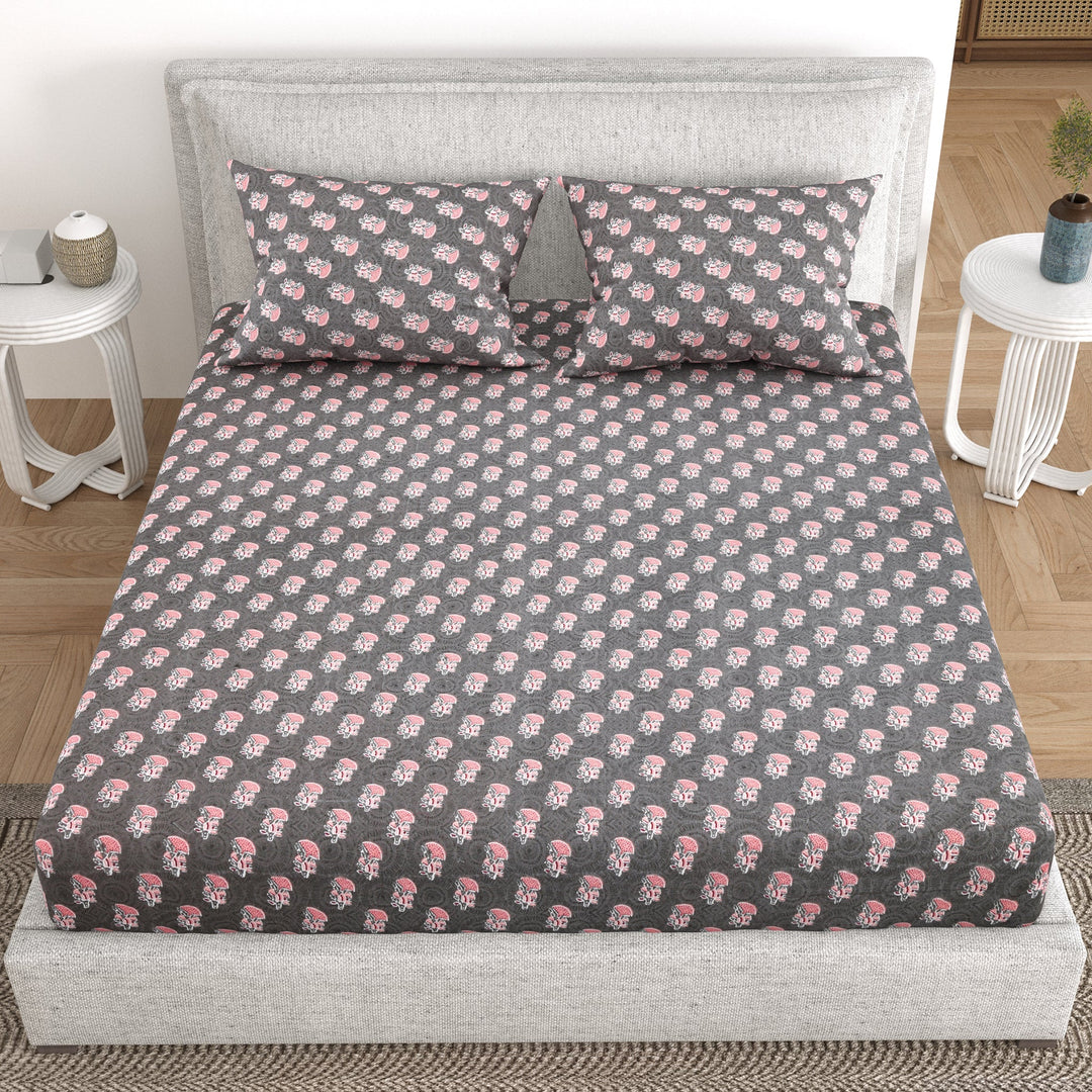 Bella Casa Fashion & Retail Ltd  BEDSHEET 93 X 108 Inch / Grey / Cotton Double Bedsheet Cotton Fabric King Size with 2 Pillow Covers Printed Design Grey Colour - Indus Collection