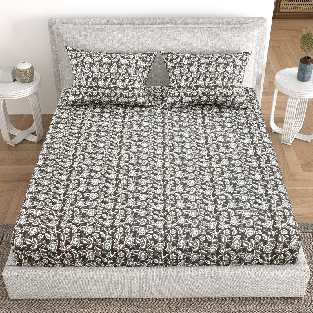 Bella Casa Fashion & Retail Ltd  BEDSHEET 93 X 108 Inch / Grey / Cotton Double Bedsheet Cotton Fabric King Size with 2 Pillow Covers Printed Design Grey Colour - Indus Collection