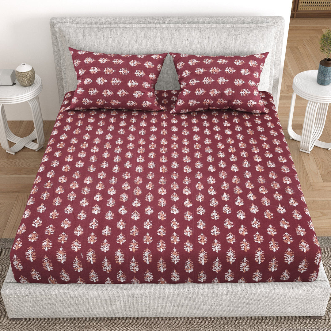 Bella Casa Fashion & Retail Ltd  BEDSHEET 93 X 108 Inch / Maroon / Cotton Double Bedsheet Cotton Fabric King Size with 2 Pillow Covers Printed Design Maroon Colour - Indus Collection