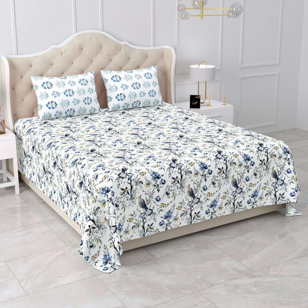 Bella Casa Fashion & Retail Ltd BEDSHEET 95 X 107 Inch / Blue & Grey / Cotton Double King Size Bedsheet Set Cotton with 2 Pillow Covers Floral Design Blue & Grey Colour - Snow Petals Collection