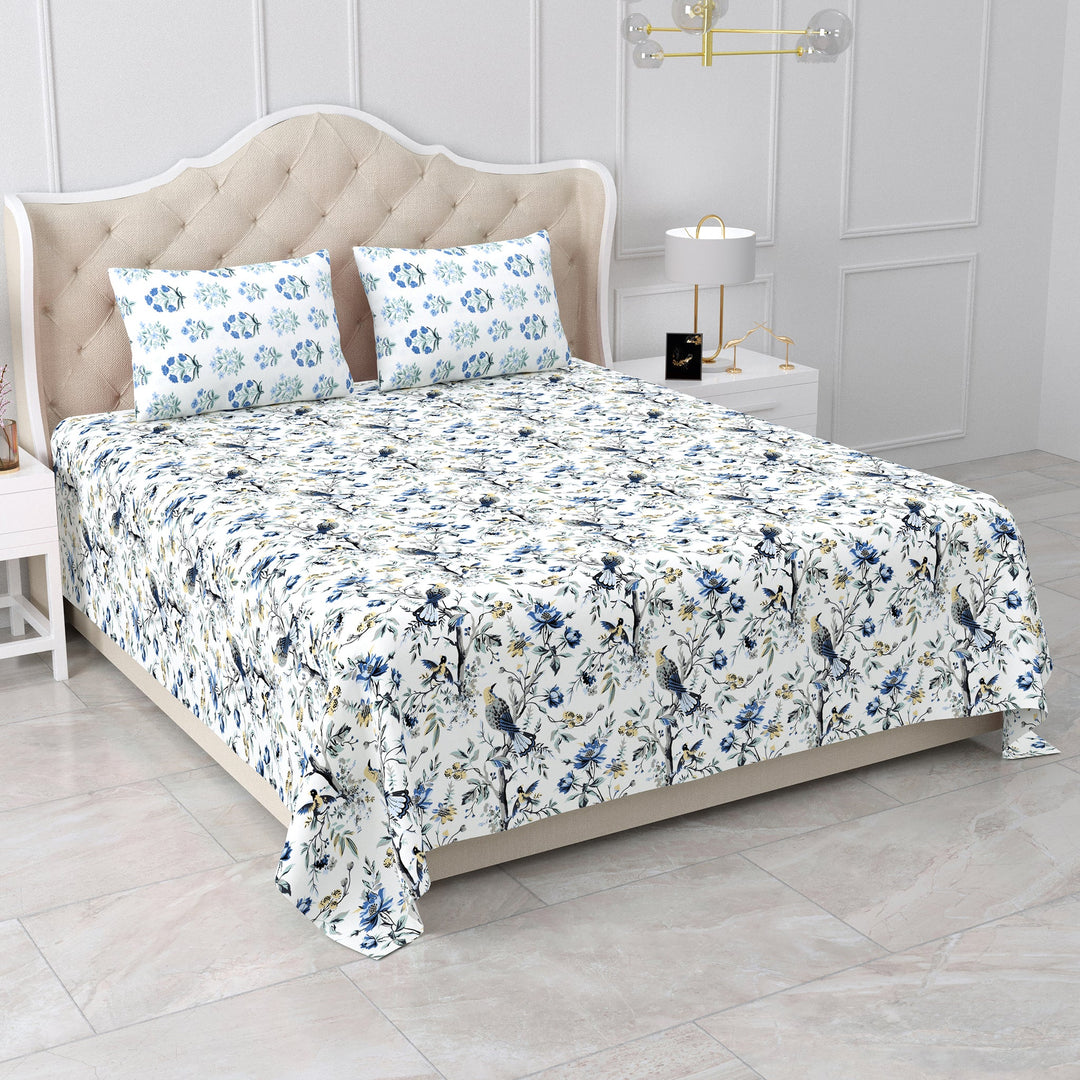 Bella Casa Fashion & Retail Ltd BEDSHEET 95 X 107 Inch / Blue & Grey / Cotton Double King Size Bedsheet Set Cotton with 2 Pillow Covers Floral Design Blue & Grey Colour - Snow Petals Collection