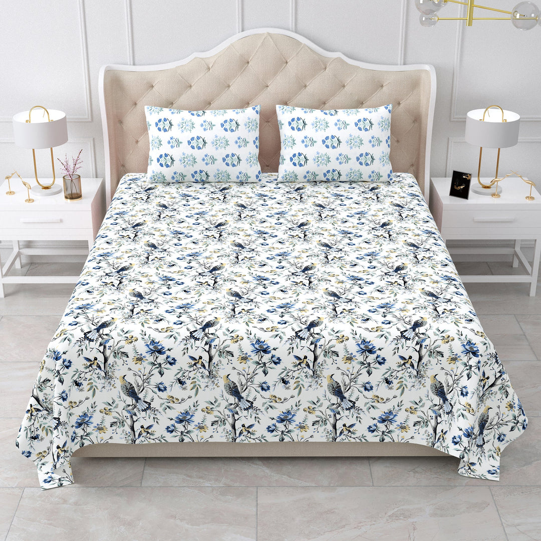 Bella Casa Fashion & Retail Ltd BEDSHEET 95 X 107 Inch / Blue & Grey / Cotton Double King Size Bedsheet Set Cotton with 2 Pillow Covers Floral Design Blue & Grey Colour - Snow Petals Collection
