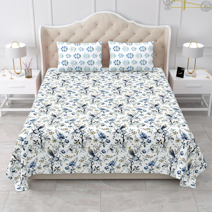 Bella Casa Fashion & Retail Ltd BEDSHEET 95 X 107 Inch / Blue & Grey / Cotton Double King Size Bedsheet Set Cotton with 2 Pillow Covers Floral Design Blue & Grey Colour - Snow Petals Collection
