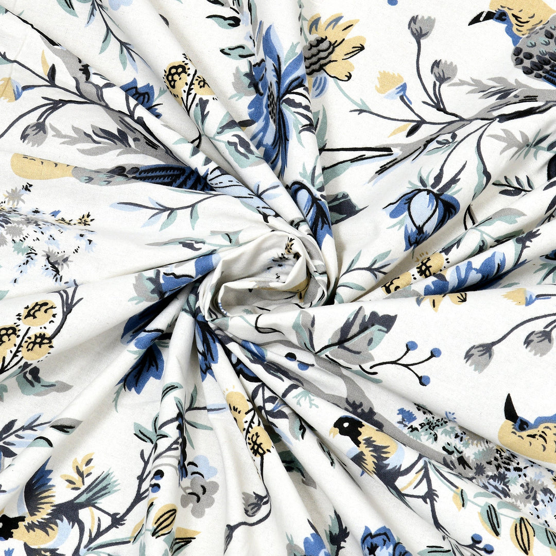 Bella Casa Fashion & Retail Ltd BEDSHEET 95 X 107 Inch / Blue & Grey / Cotton Double King Size Bedsheet Set Cotton with 2 Pillow Covers Floral Design Blue & Grey Colour - Snow Petals Collection