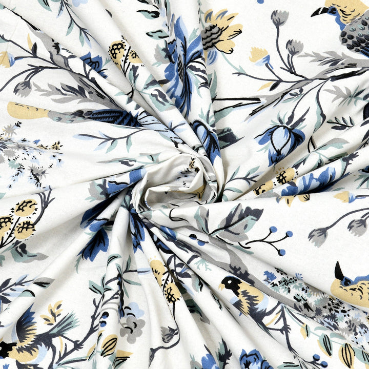 Bella Casa Fashion & Retail Ltd BEDSHEET 95 X 107 Inch / Blue & Grey / Cotton Double King Size Bedsheet Set Cotton with 2 Pillow Covers Floral Design Blue & Grey Colour - Snow Petals Collection