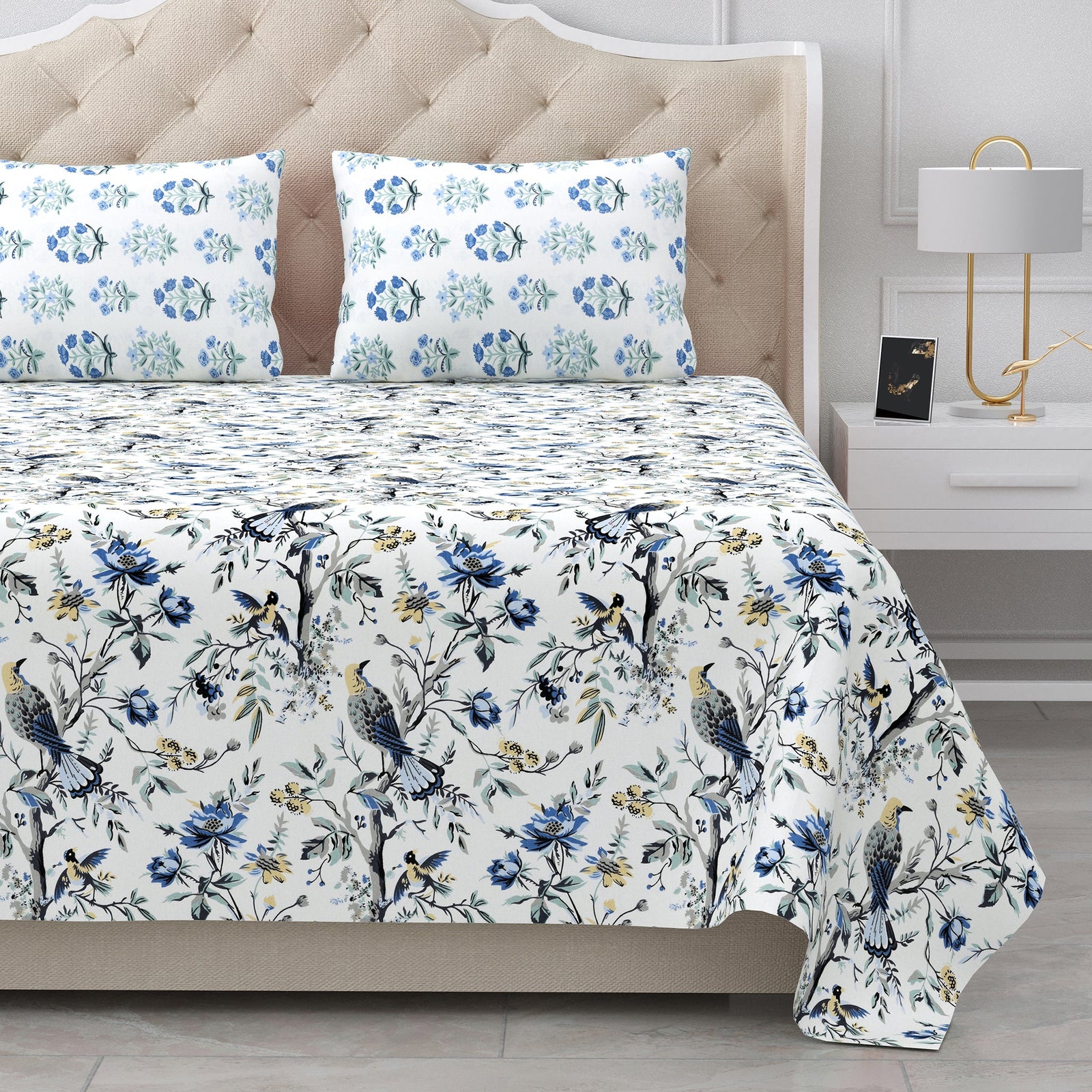 Bella Casa Fashion & Retail Ltd BEDSHEET 95 X 107 Inch / Blue & Grey / Cotton Double King Size Bedsheet Set Cotton with 2 Pillow Covers Floral Design Blue & Grey Colour - Snow Petals Collection