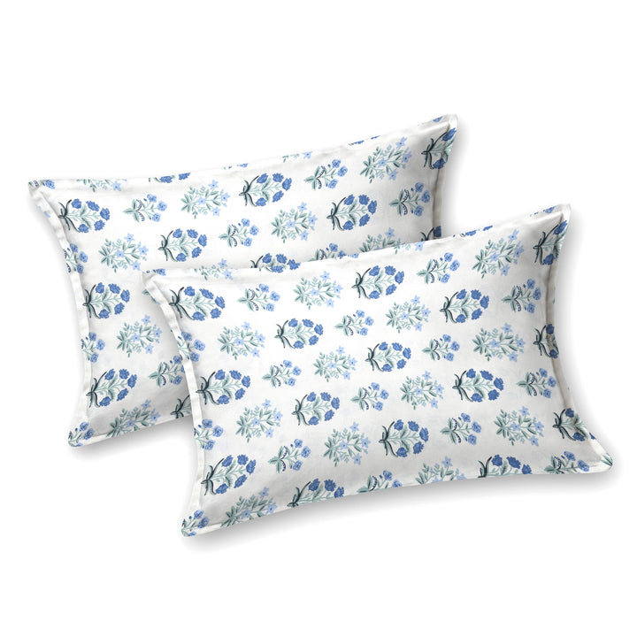 Bella Casa Fashion & Retail Ltd BEDSHEET 95 X 107 Inch / Blue & Grey / Cotton Double King Size Bedsheet Set Cotton with 2 Pillow Covers Floral Design Blue & Grey Colour - Snow Petals Collection
