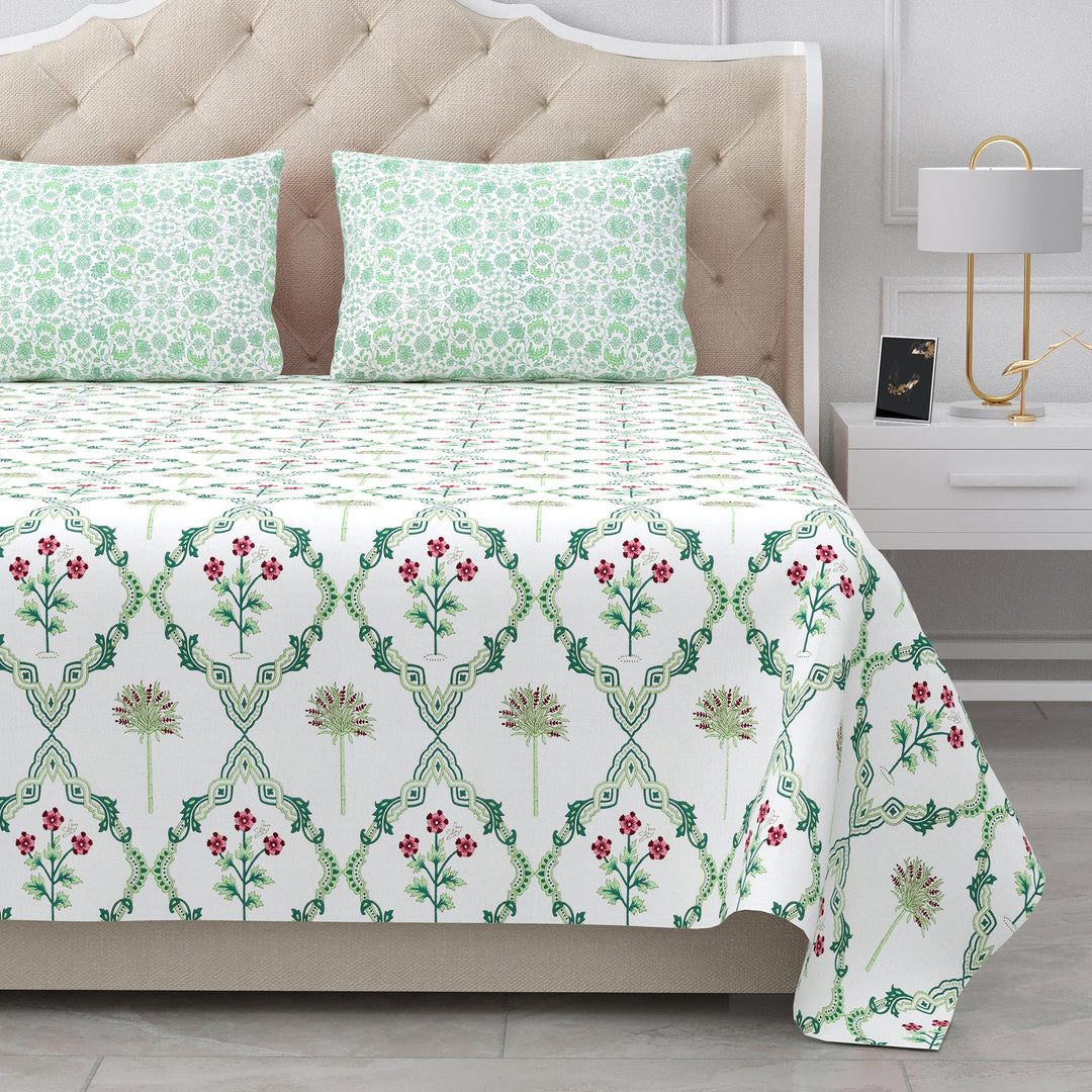 Bella Casa Fashion & Retail Ltd BEDSHEET 95 X 107 Inch / Green & White / Cotton Double King Size Bedsheet Set Cotton with 2 Pillow Covers Floral Design Green & White Colour - Snow Petals Collection