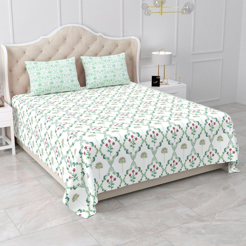 Bella Casa Fashion & Retail Ltd BEDSHEET 95 X 107 Inch / Green & White / Cotton Double King Size Bedsheet Set Cotton with 2 Pillow Covers Floral Design Green & White Colour - Snow Petals Collection