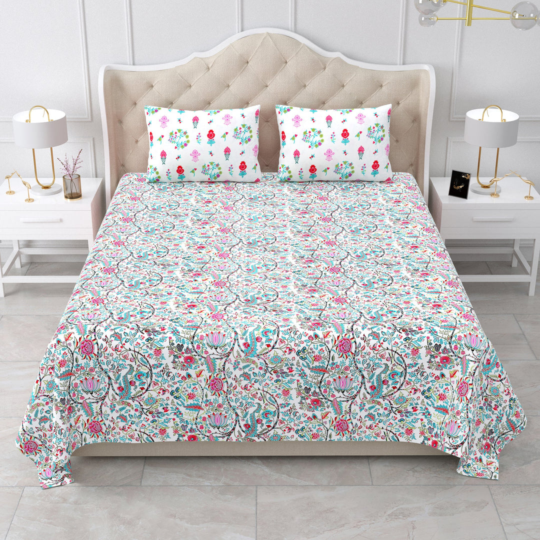 Bella Casa Fashion & Retail Ltd BEDSHEET 95 X 107 Inch / Multi / Cotton Double King Size Bedsheet Set Cotton with 2 Pillow Covers Floral Design Multi Colour - Snow Petals Collection