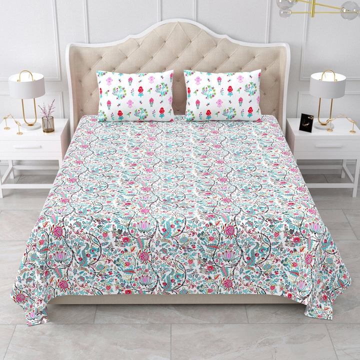Bella Casa Fashion & Retail Ltd BEDSHEET 95 X 107 Inch / Multi / Cotton Double King Size Bedsheet Set Cotton with 2 Pillow Covers Floral Design Multi Colour - Snow Petals Collection