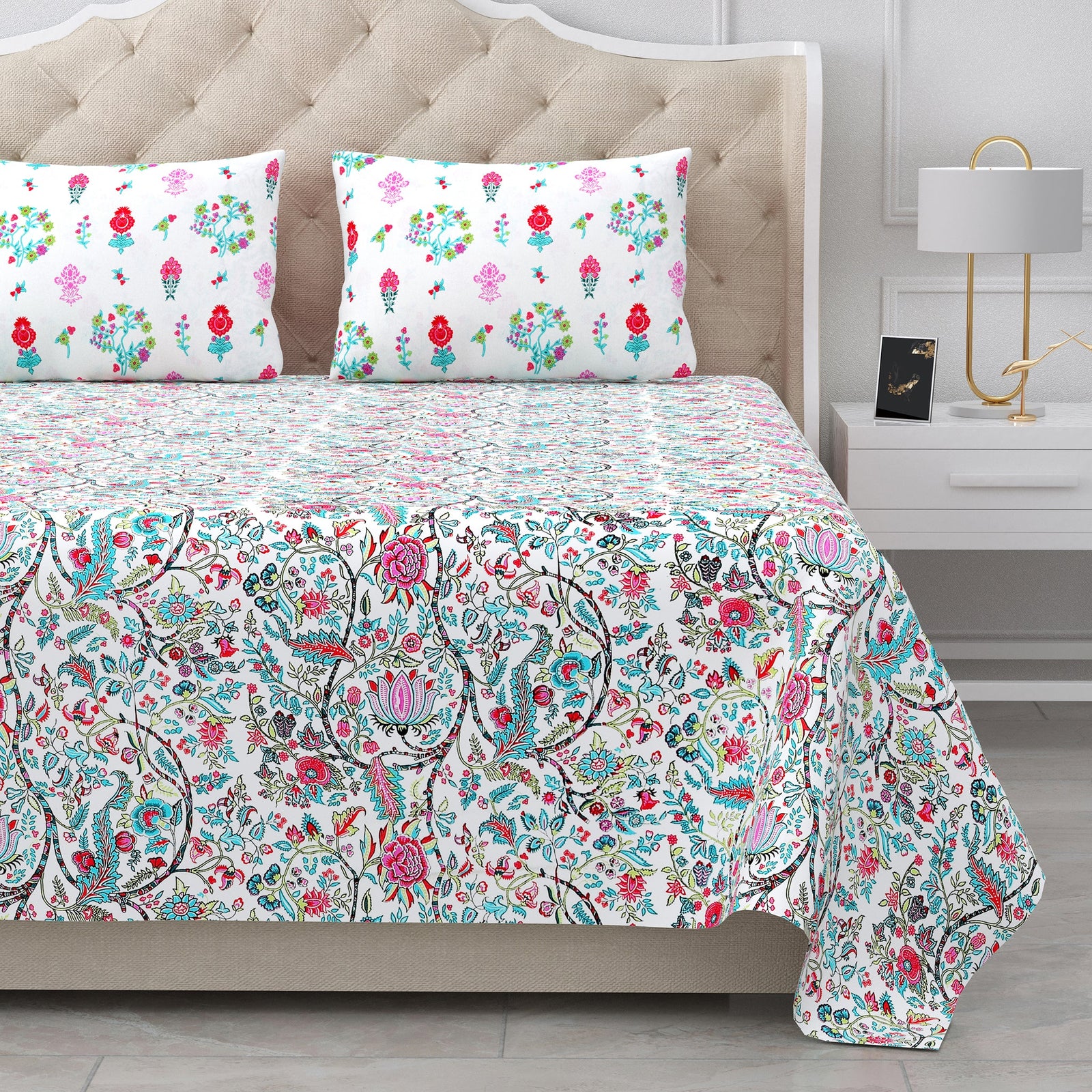 Bella Casa Fashion & Retail Ltd BEDSHEET 95 X 107 Inch / Multi / Cotton Double King Size Bedsheet Set Cotton with 2 Pillow Covers Floral Design Multi Colour - Snow Petals Collection
