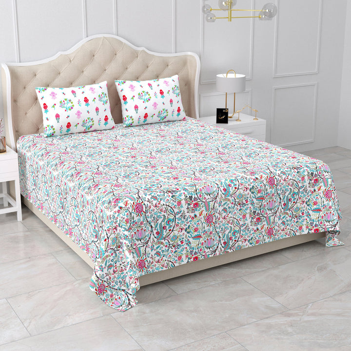 Bella Casa Fashion & Retail Ltd BEDSHEET 95 X 107 Inch / Multi / Cotton Double King Size Bedsheet Set Cotton with 2 Pillow Covers Floral Design Multi Colour - Snow Petals Collection
