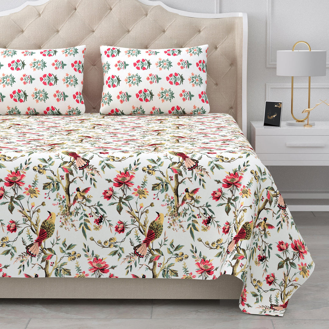 Bella Casa Fashion & Retail Ltd BEDSHEET 95 X 107 Inch / Multi / Cotton Double King Size Bedsheet Set Cotton with 2 Pillow Covers Floral Design Multi Colour - Snow Petals Collection