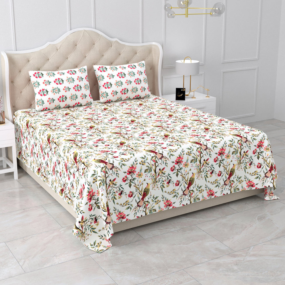 Bella Casa Fashion & Retail Ltd BEDSHEET 95 X 107 Inch / Multi / Cotton Double King Size Bedsheet Set Cotton with 2 Pillow Covers Floral Design Multi Colour - Snow Petals Collection