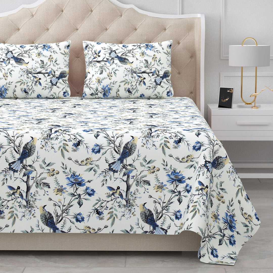 Bella Casa Fashion & Retail Ltd BEDSHEET 95 X 108 Inch / Blue & Grey / Cotton Double King Size Bedsheet Set Cotton with 2 Pillow Covers Floral Design Blue & Grey Colour - Snow Petals Collection