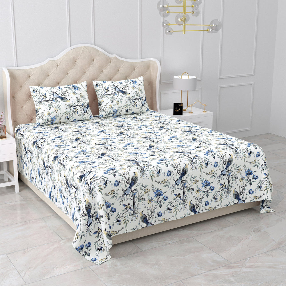 Bella Casa Fashion & Retail Ltd BEDSHEET 95 X 108 Inch / Blue & Grey / Cotton Double King Size Bedsheet Set Cotton with 2 Pillow Covers Floral Design Blue & Grey Colour - Snow Petals Collection