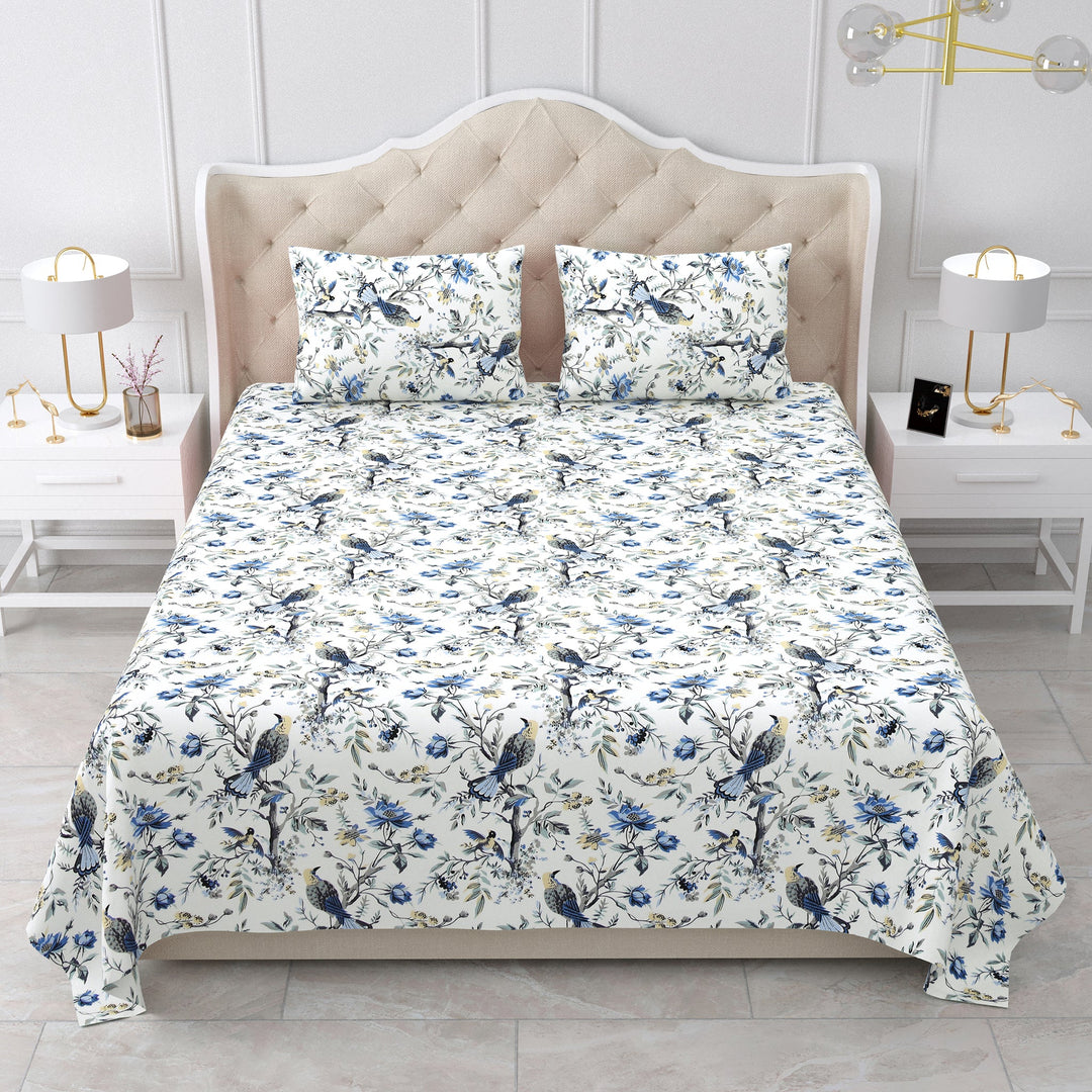 Bella Casa Fashion & Retail Ltd BEDSHEET 95 X 108 Inch / Blue & Grey / Cotton Double King Size Bedsheet Set Cotton with 2 Pillow Covers Floral Design Blue & Grey Colour - Snow Petals Collection