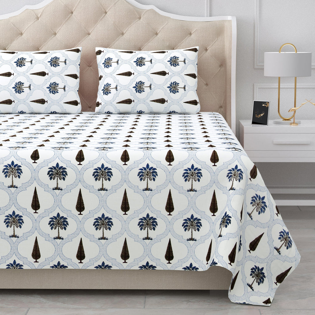 Bella Casa Fashion & Retail Ltd BEDSHEET 95 X 108 Inch / Blue & White / Cotton Double King Size Bedsheet Set Cotton with 2 Pillow Covers Floral Design Blue & White Colour - Snow Petals Collection