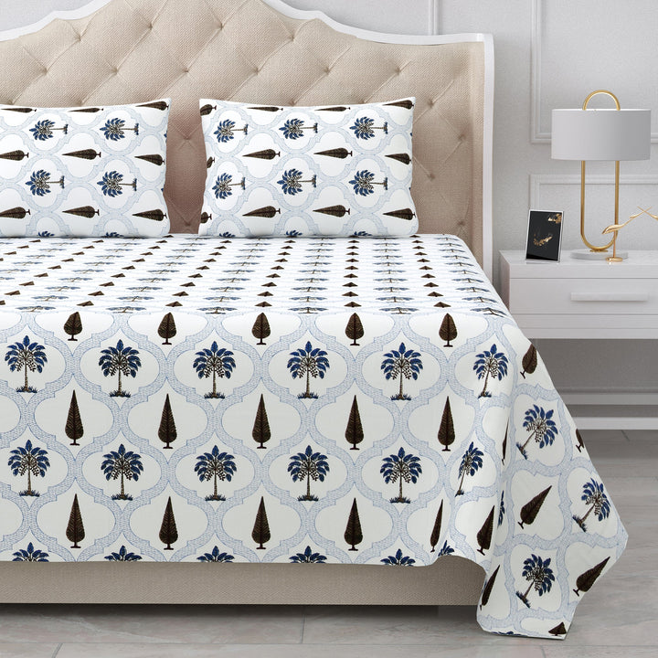 Bella Casa Fashion & Retail Ltd BEDSHEET 95 X 108 Inch / Blue & White / Cotton Double King Size Bedsheet Set Cotton with 2 Pillow Covers Floral Design Blue & White Colour - Snow Petals Collection