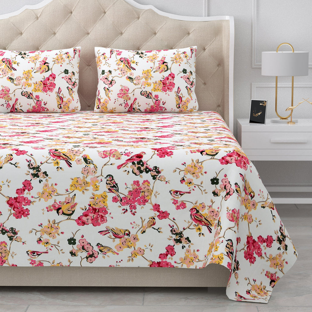 Bella Casa Fashion & Retail Ltd BEDSHEET 95 X 108 Inch / Multi Color / Cotton Double King Size Bedsheet Set Cotton with 2 Pillow Covers Floral Design Multi Colour - Snow Petals Collection