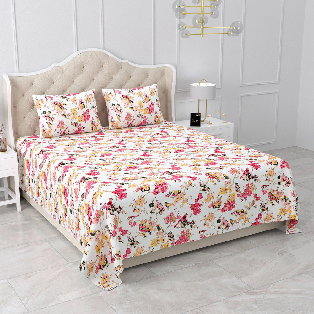 Bella Casa Fashion & Retail Ltd BEDSHEET 95 X 108 Inch / Multi Color / Cotton Double King Size Bedsheet Set Cotton with 2 Pillow Covers Floral Design Multi Colour - Snow Petals Collection