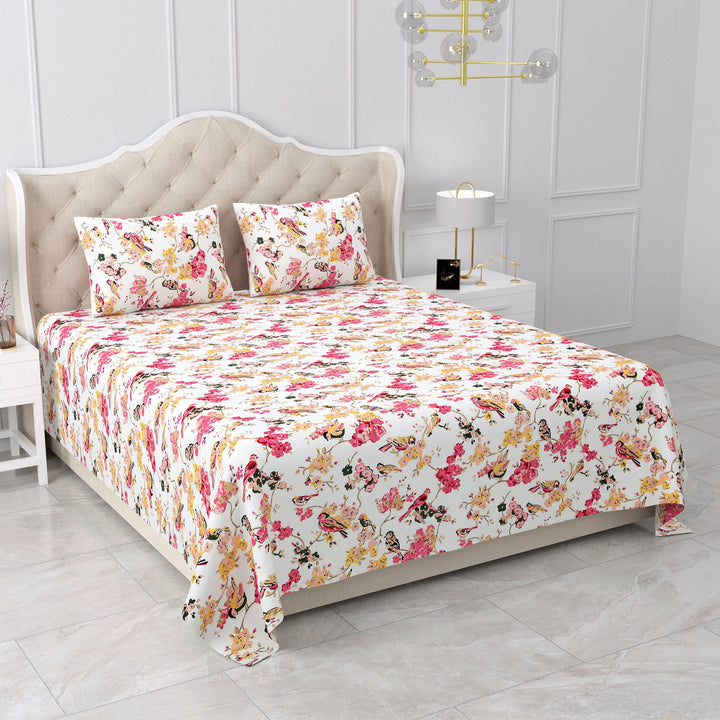 Bella Casa Fashion & Retail Ltd BEDSHEET 95 X 108 Inch / Multi Color / Cotton Double King Size Bedsheet Set Cotton with 2 Pillow Covers Floral Design Multi Colour - Snow Petals Collection