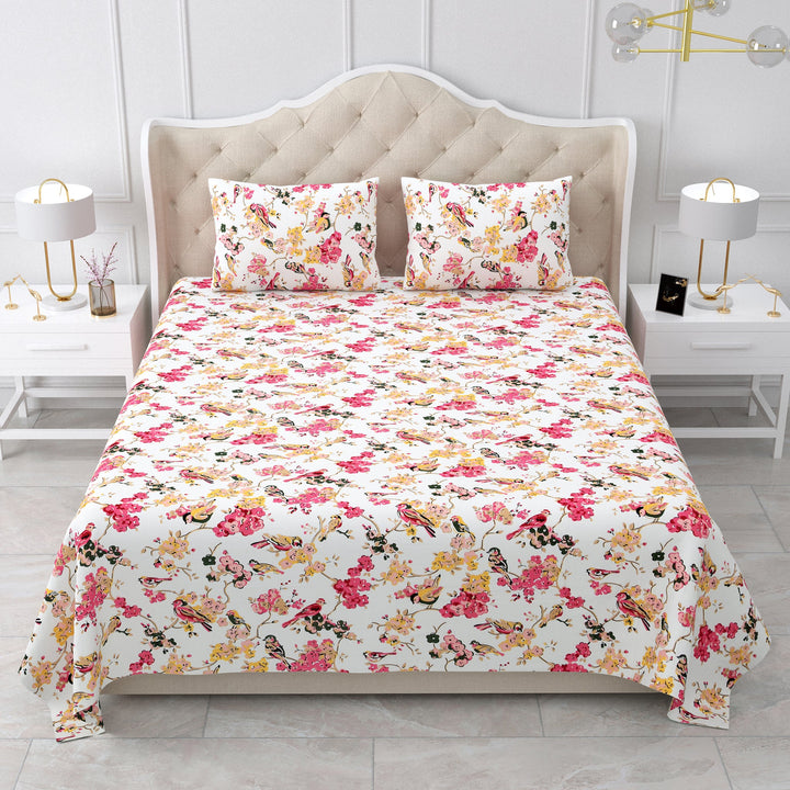 Bella Casa Fashion & Retail Ltd BEDSHEET 95 X 108 Inch / Multi Color / Cotton Double King Size Bedsheet Set Cotton with 2 Pillow Covers Floral Design Multi Colour - Snow Petals Collection