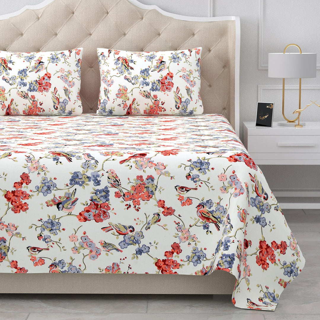 Bella Casa Fashion & Retail Ltd BEDSHEET 95 X 108 Inch / Multi Color / Cotton Double King Size Bedsheet Set Cotton with 2 Pillow Covers Floral Design Multi Colour - Snow Petals Collection