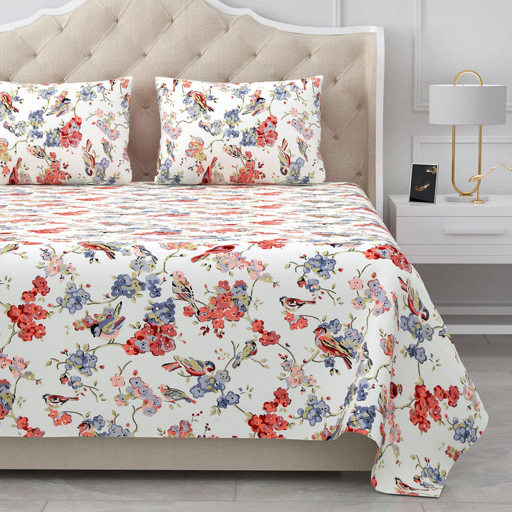 Bella Casa Fashion & Retail Ltd BEDSHEET 95 X 108 Inch / Multi Color / Cotton Double King Size Bedsheet Set Cotton with 2 Pillow Covers Floral Design Multi Colour - Snow Petals Collection