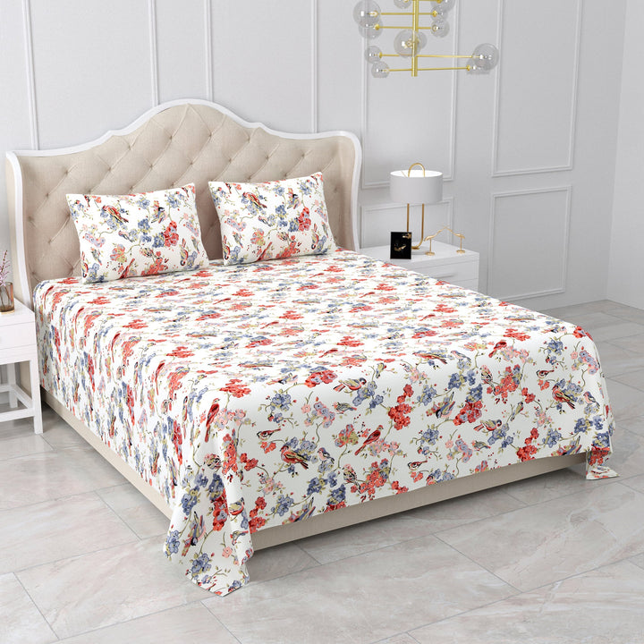 Bella Casa Fashion & Retail Ltd BEDSHEET 95 X 108 Inch / Multi Color / Cotton Double King Size Bedsheet Set Cotton with 2 Pillow Covers Floral Design Multi Colour - Snow Petals Collection
