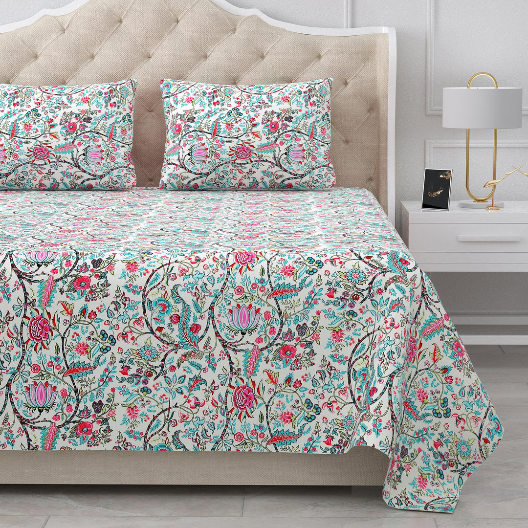Bella Casa Fashion & Retail Ltd BEDSHEET 95 X 108 Inch / Multi Color / Cotton Double King Size Bedsheet Set Cotton with 2 Pillow Covers Floral Design Multi Colour - Snow Petals Collection