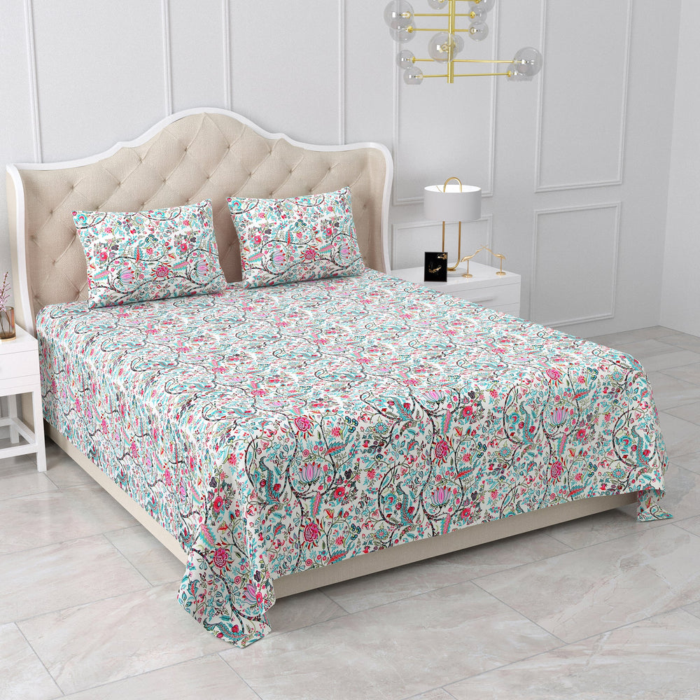 Bella Casa Fashion & Retail Ltd BEDSHEET 95 X 108 Inch / Multi Color / Cotton Double King Size Bedsheet Set Cotton with 2 Pillow Covers Floral Design Multi Colour - Snow Petals Collection