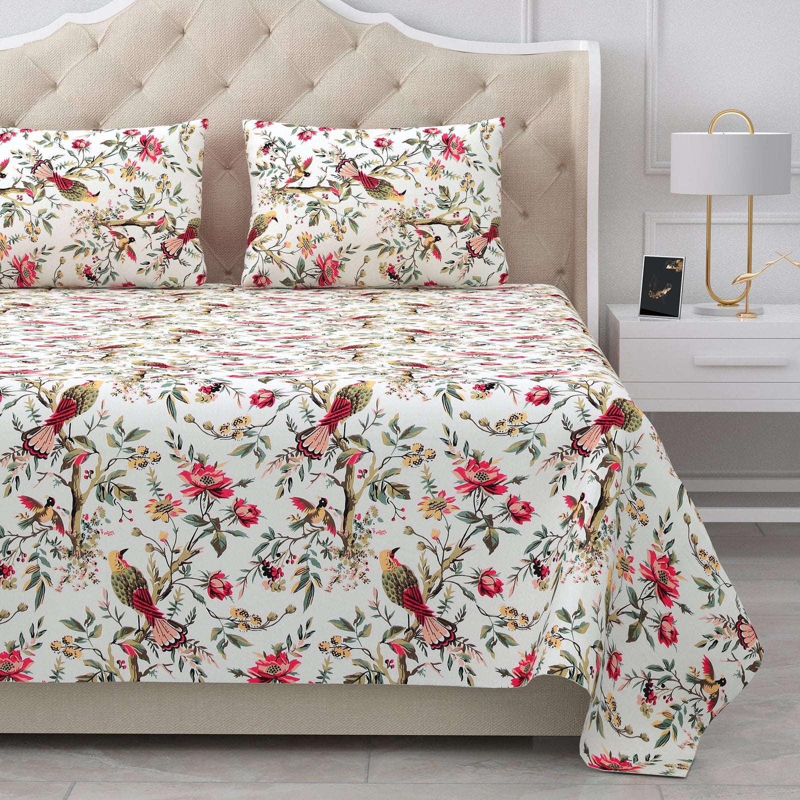 Bella Casa Fashion & Retail Ltd BEDSHEET 95 X 108 Inch / Multi Color / Cotton Double King Size Bedsheet Set Cotton with 2 Pillow Covers Floral Design Multi Colour - Snow Petals Collection