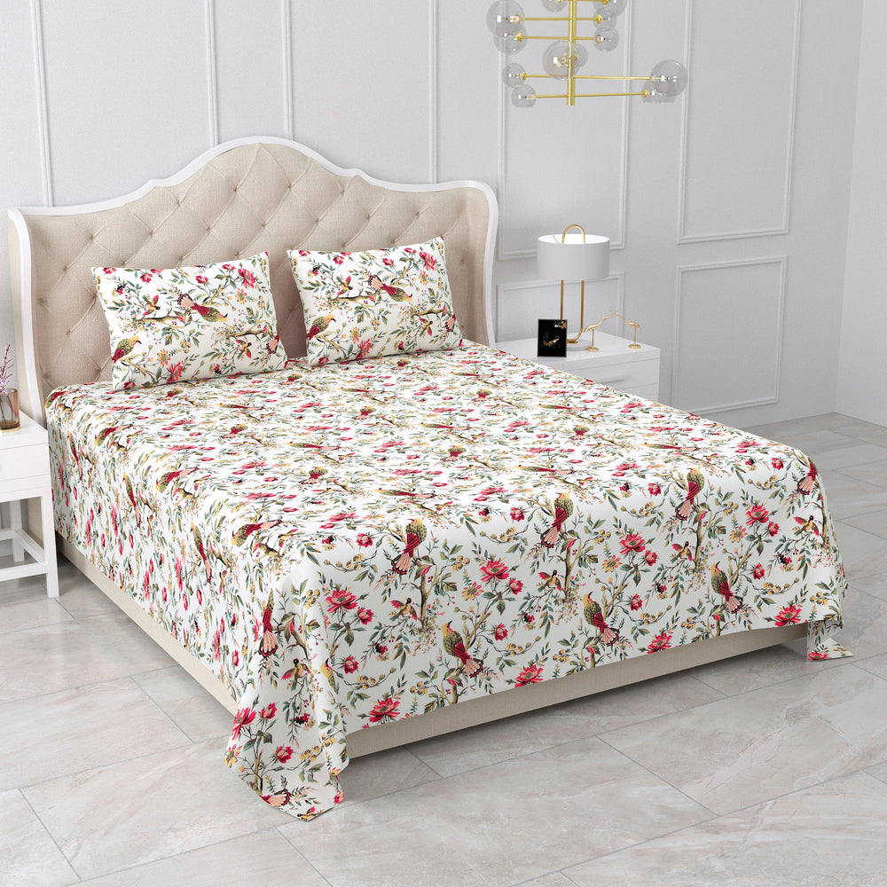 Bella Casa Fashion & Retail Ltd BEDSHEET 95 X 108 Inch / Multi Color / Cotton Double King Size Bedsheet Set Cotton with 2 Pillow Covers Floral Design Multi Colour - Snow Petals Collection